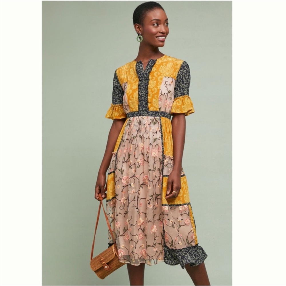 Anthropologie Let Me Be Autumn Patchwork Dress 100% Silk Lined 100% Viscose M